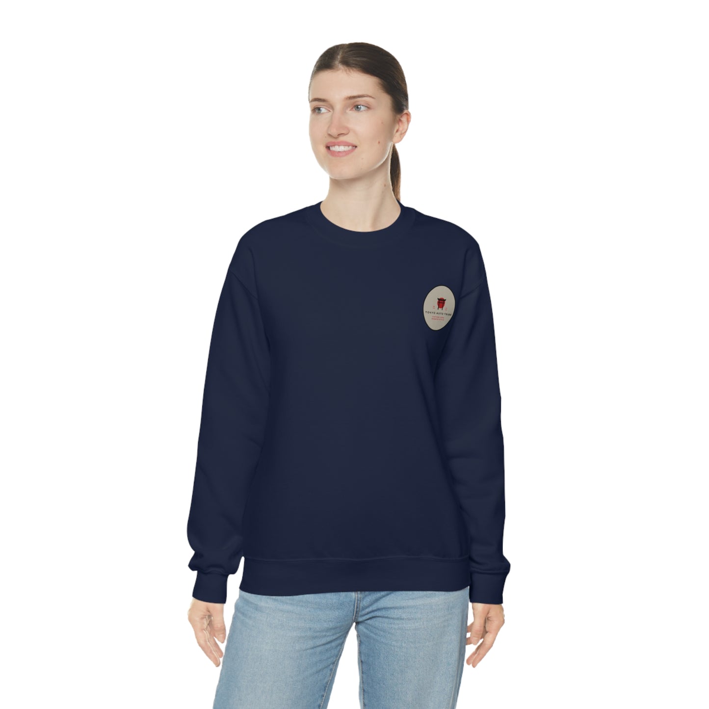 Woman wearing a navy blue Wagon Chibi Sweater with a small graphic emblem on the chest, styled for fans of Japanese car culture and late-night drives.