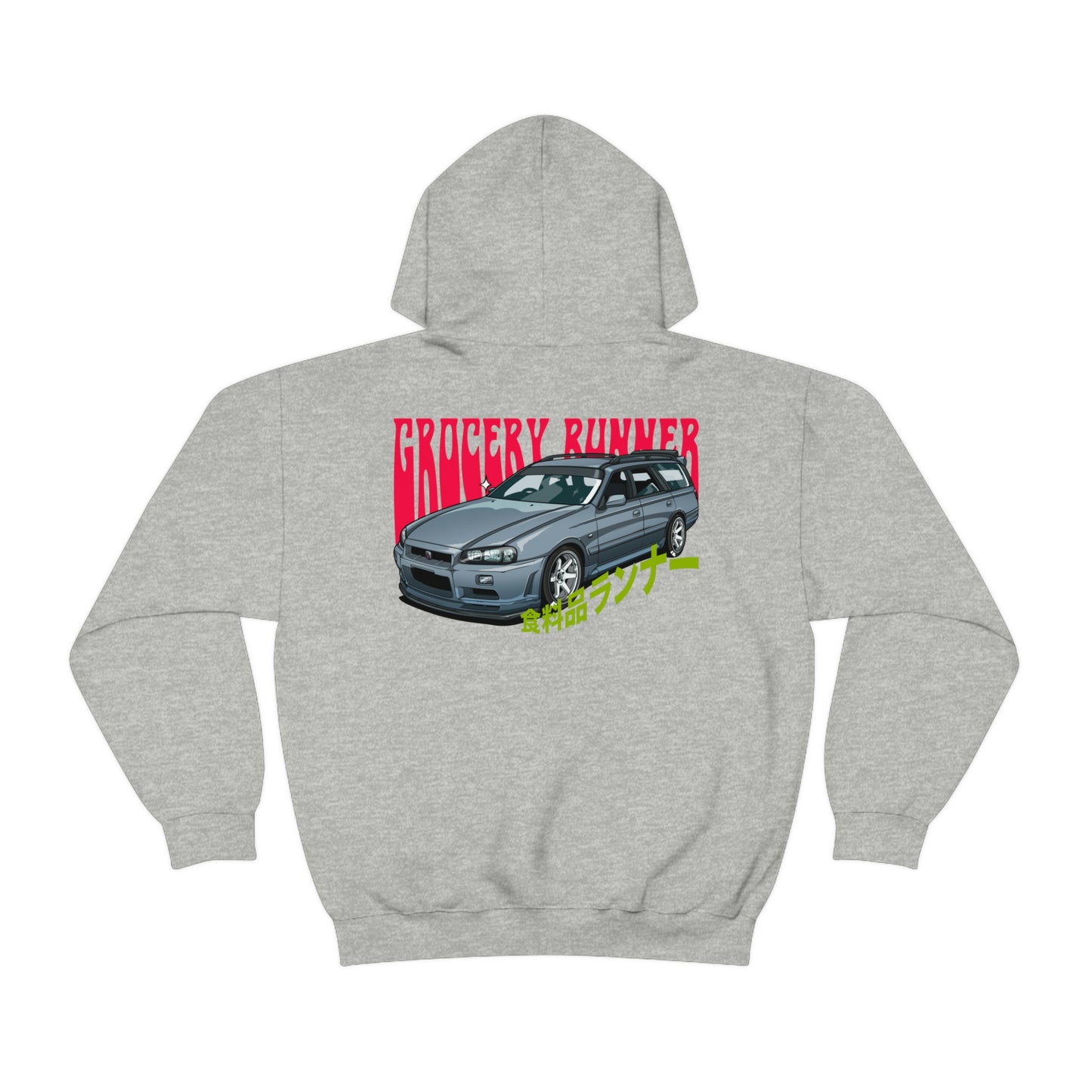 Grey hoodie featuring a detailed JDM-style car graphic with "GROCERY RUNNER" text in red and Japanese characters in green, embodying the Groovy Grocery Runner Hoodie design.