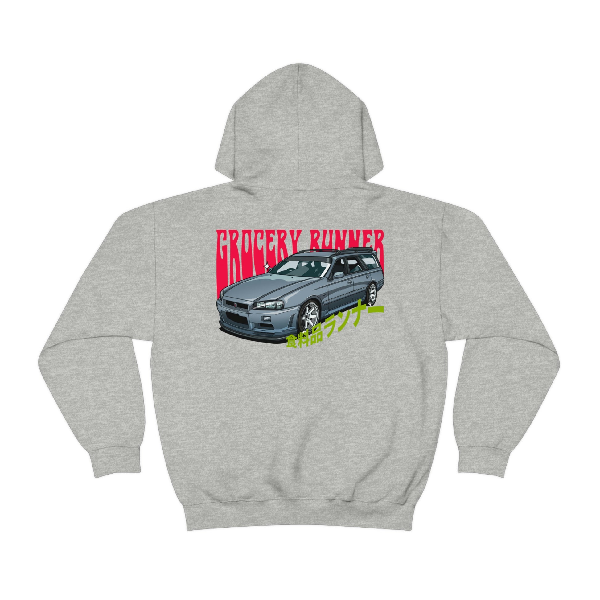 Grey hoodie featuring a detailed JDM-style car graphic with "GROCERY RUNNER" text in red and Japanese characters in green, embodying the Groovy Grocery Runner Hoodie design.