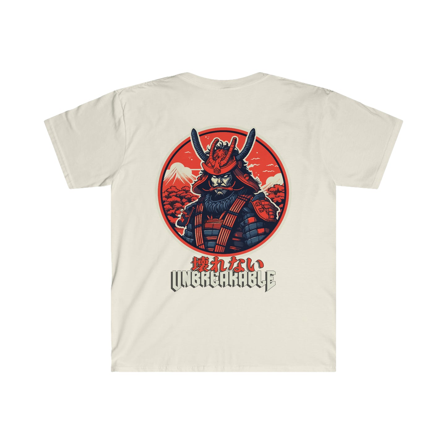 Back view of an off-white Unbreakable Spirit T-Shirt featuring a detailed graphic of a samurai warrior in red armor set against a stylized Japanese landscape with Mount Fuji, embodying the spirit of Japanese car culture and late-night drives.