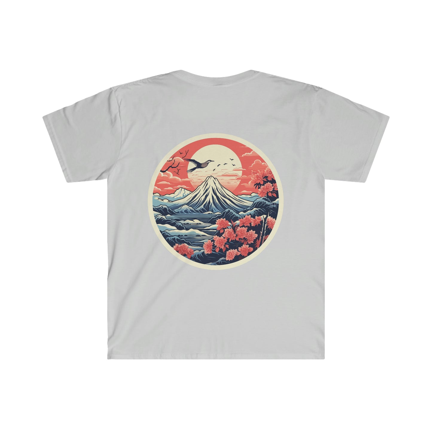 Mount Fuji Serenity T-Shirt featuring a vintage-style graphic of Mount Fuji with vibrant cherry blossoms, birds flying, and a serene mountain landscape in warm tones, capturing Japanese car culture vibes.