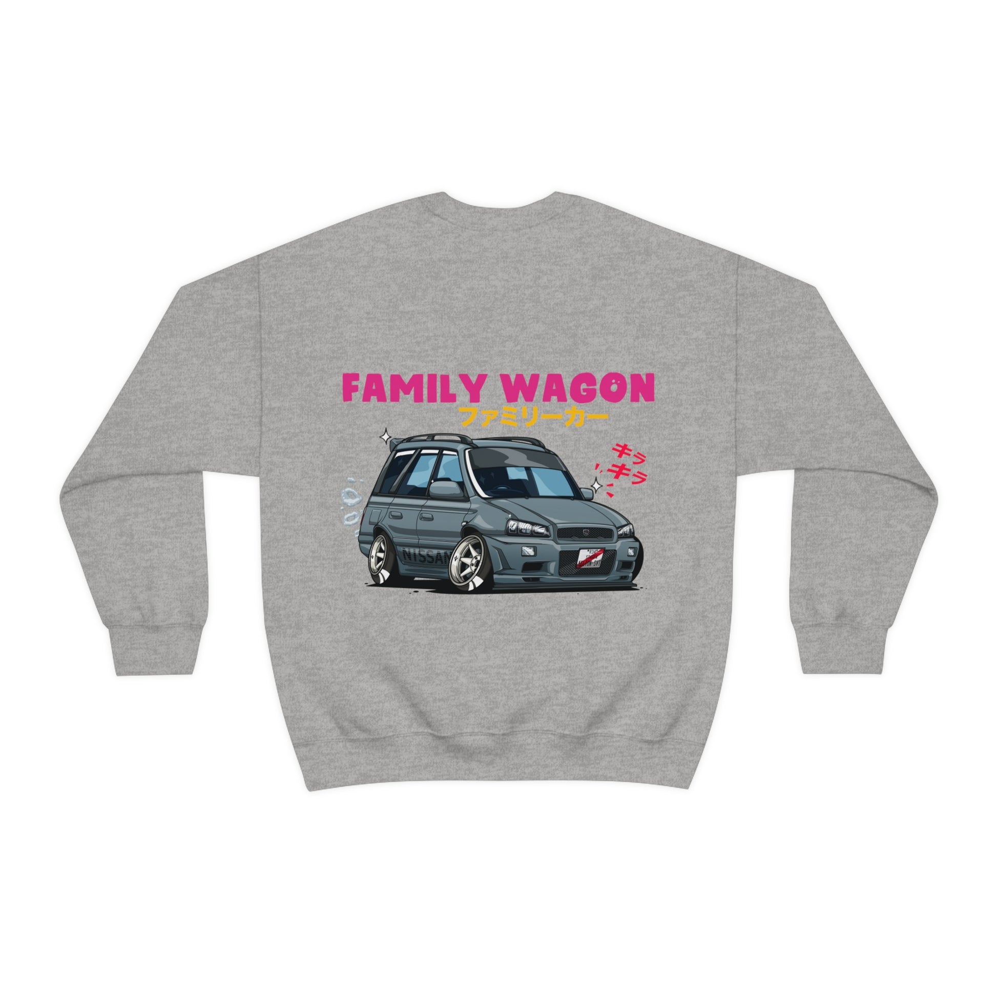 Gray crewneck Wagon Chibi Sweater featuring a colorful graphic of a lowered, stylized family wagon car with Japanese text and bold "FAMILY WAGON" lettering, celebrating JDM streetwear culture.