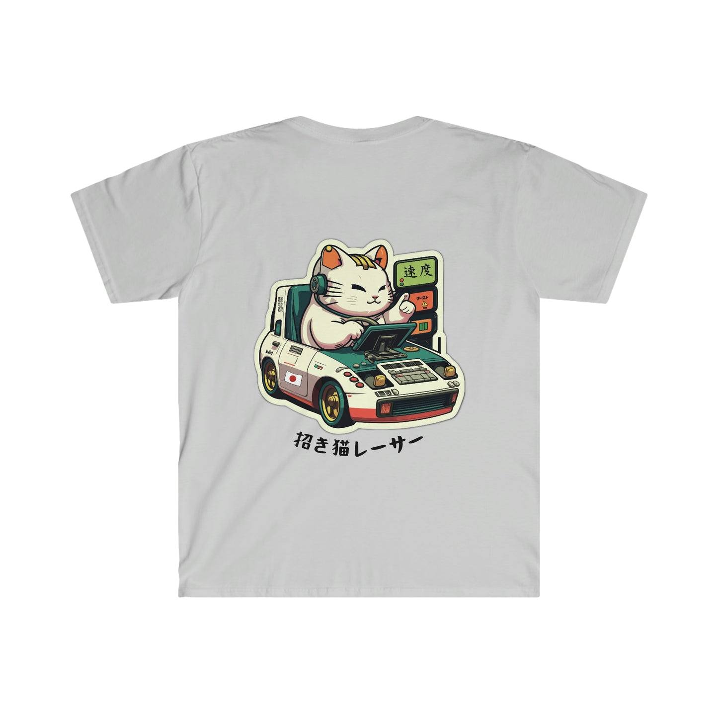 White Lucky Cat Racer's T-Shirt featuring a graphic of a Maneki-neko cat driving a vintage-style Japanese race car with Japanese text and retro racing elements inspired by Japanese car culture.