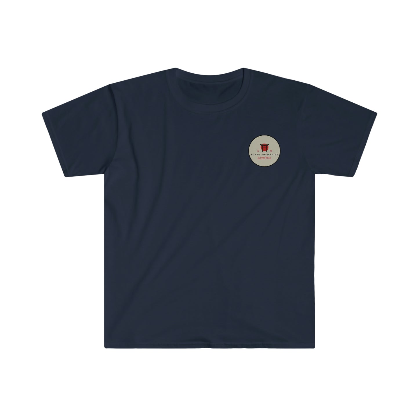 Groovy Grocery Runner T-Shirt in dark navy with minimalist round logo inspired by Japanese car culture, perfect for fans of late-night drives and tuner streetwear.