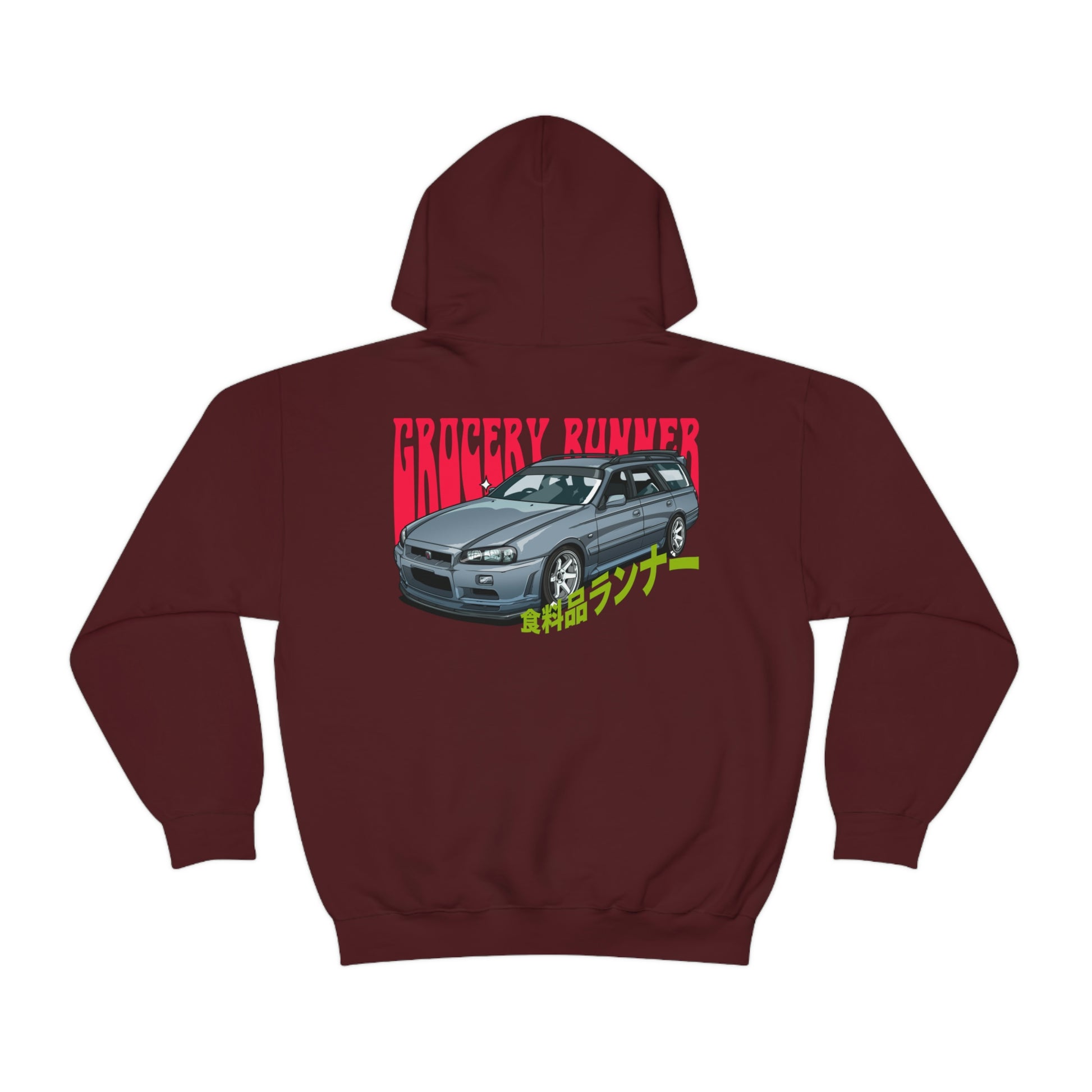 Maroon Groovy Grocery Runner Hoodie featuring a graphic of a silver JDM station wagon with bold red and yellow Japanese-inspired text, celebrating tuner car culture.