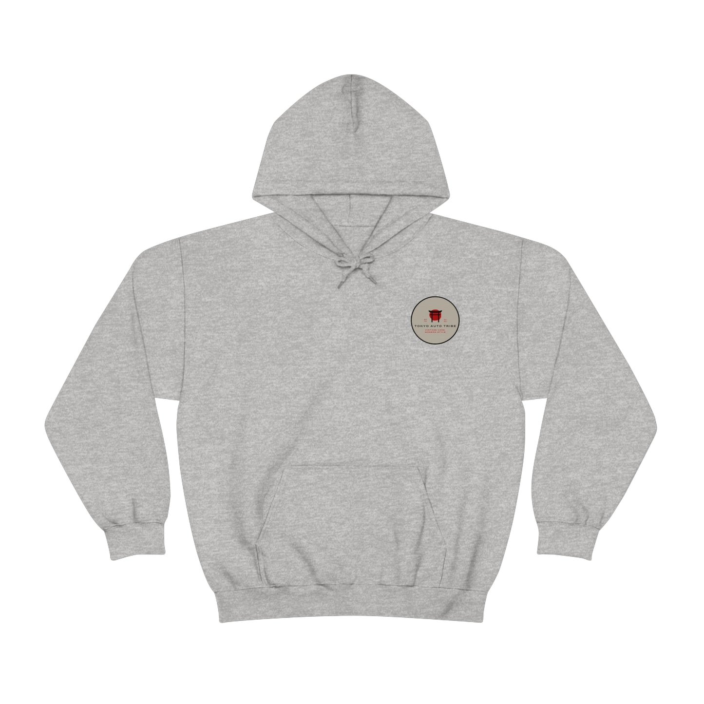Grey hoodie with a small circular graphic on the chest, featuring a red and black wagon illustration and text, designed as the Wagon Chibi Hoodie inspired by Japanese car culture.