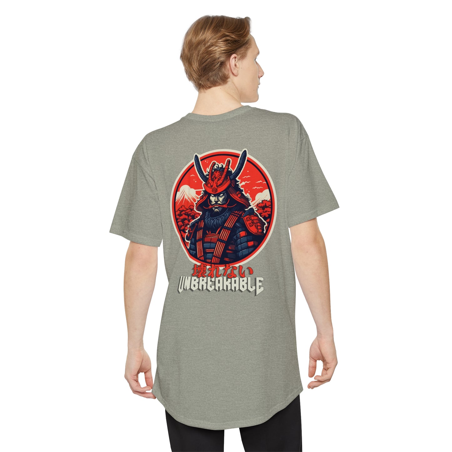 Man wearing an Unbreakable Spirit oversized T-Shirt featuring a bold graphic of a samurai warrior in red armor against a red mountain landscape, celebrating resilient Japanese car culture and late-night drives.