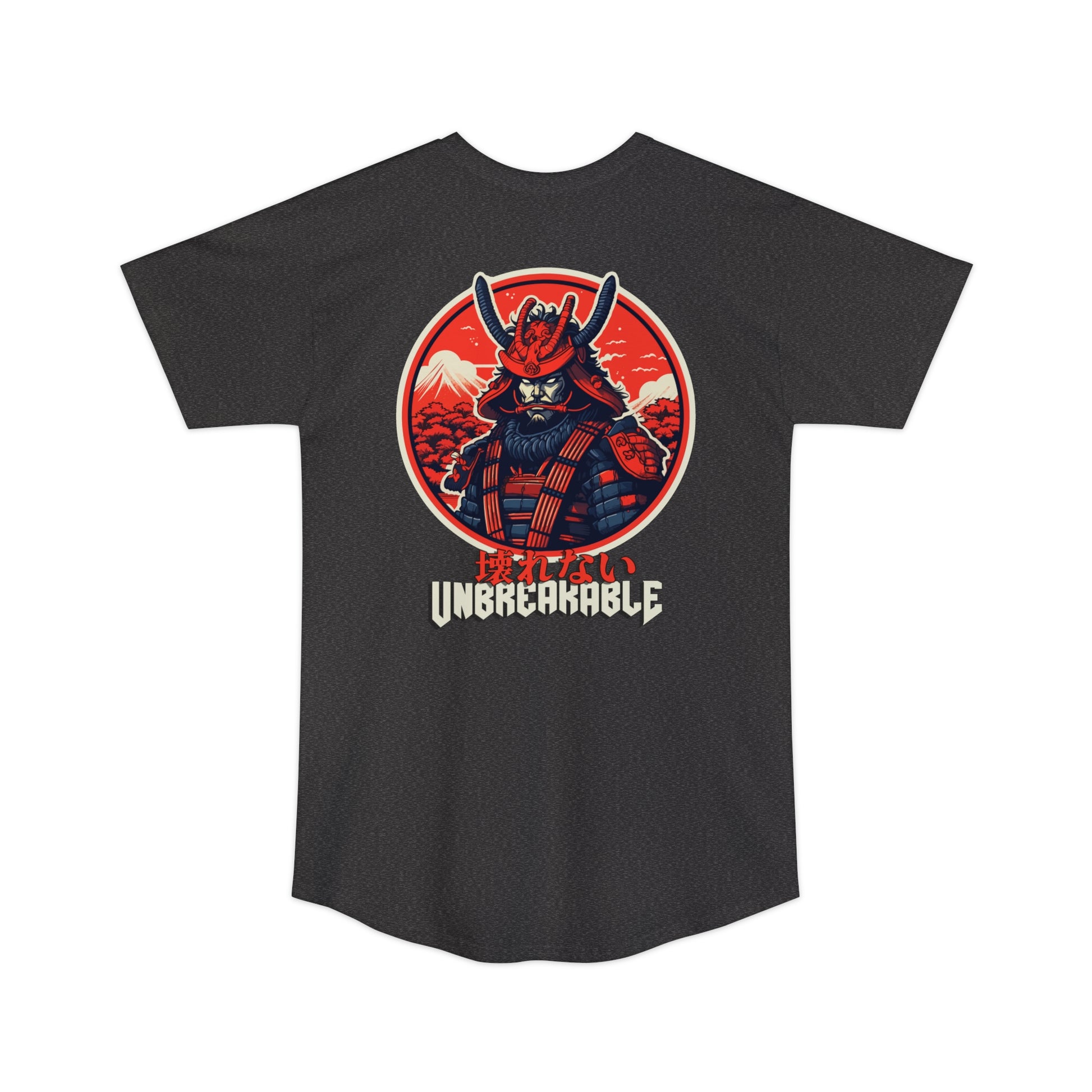Unbreakable Spirit oversized T-Shirt featuring a bold graphic of a samurai warrior in red and black tones with Japanese text above "Unbreakable," inspired by Japanese car culture and streetwear.