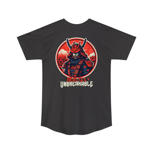Unbreakable Spirit oversized T-Shirt featuring a bold graphic of a samurai warrior in red and black tones with Japanese text above "Unbreakable," inspired by Japanese car culture and streetwear.