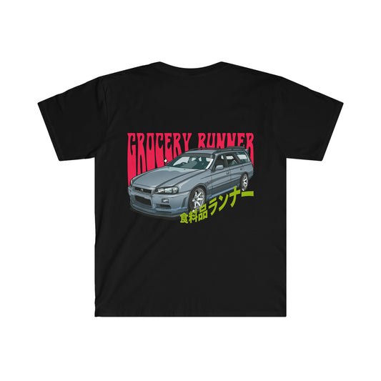 Black Groovy Grocery Runner T-Shirt featuring a detailed illustration of a blue Japanese station wagon with bold red "Grocery Runner" text and yellow Japanese characters, inspired by Japanese car culture and late-night tuner drives.