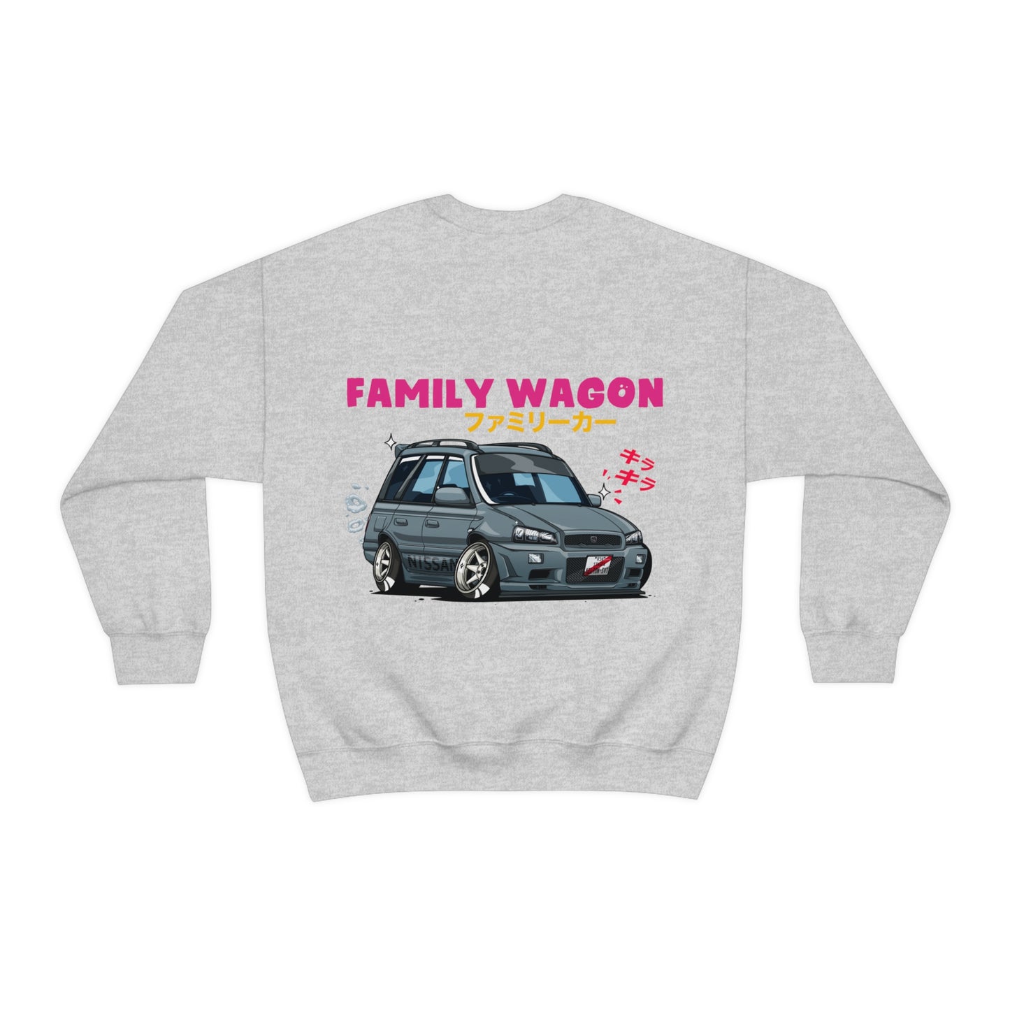 Light gray sweater featuring a bold graphic of a stylized cartoon family wagon car with Japanese text and “FAMILY WAGON” in bright pink, named Wagon Chibi Sweater.