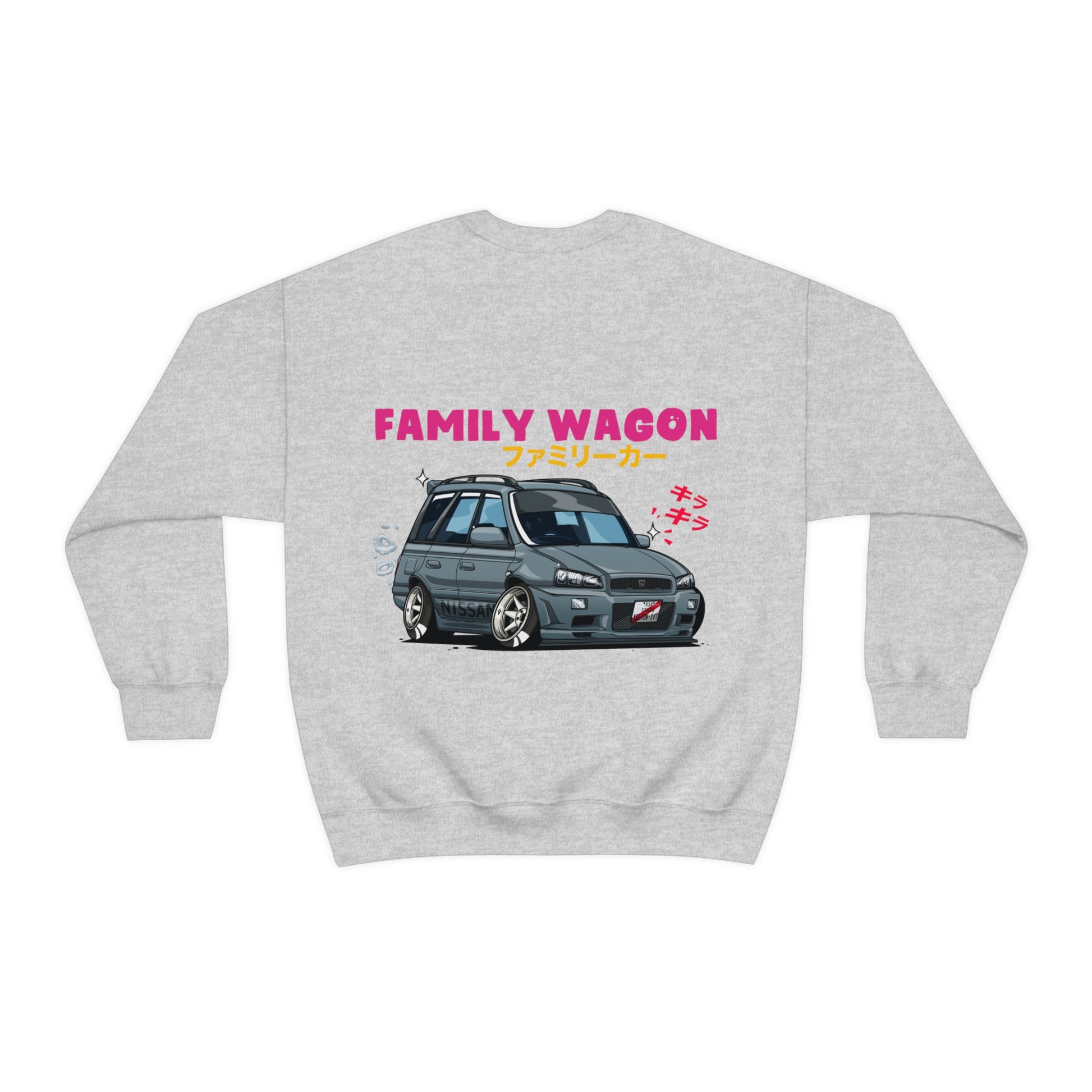 Light gray sweater featuring a bold graphic of a stylized cartoon family wagon car with Japanese text and “FAMILY WAGON” in bright pink, named Wagon Chibi Sweater.
