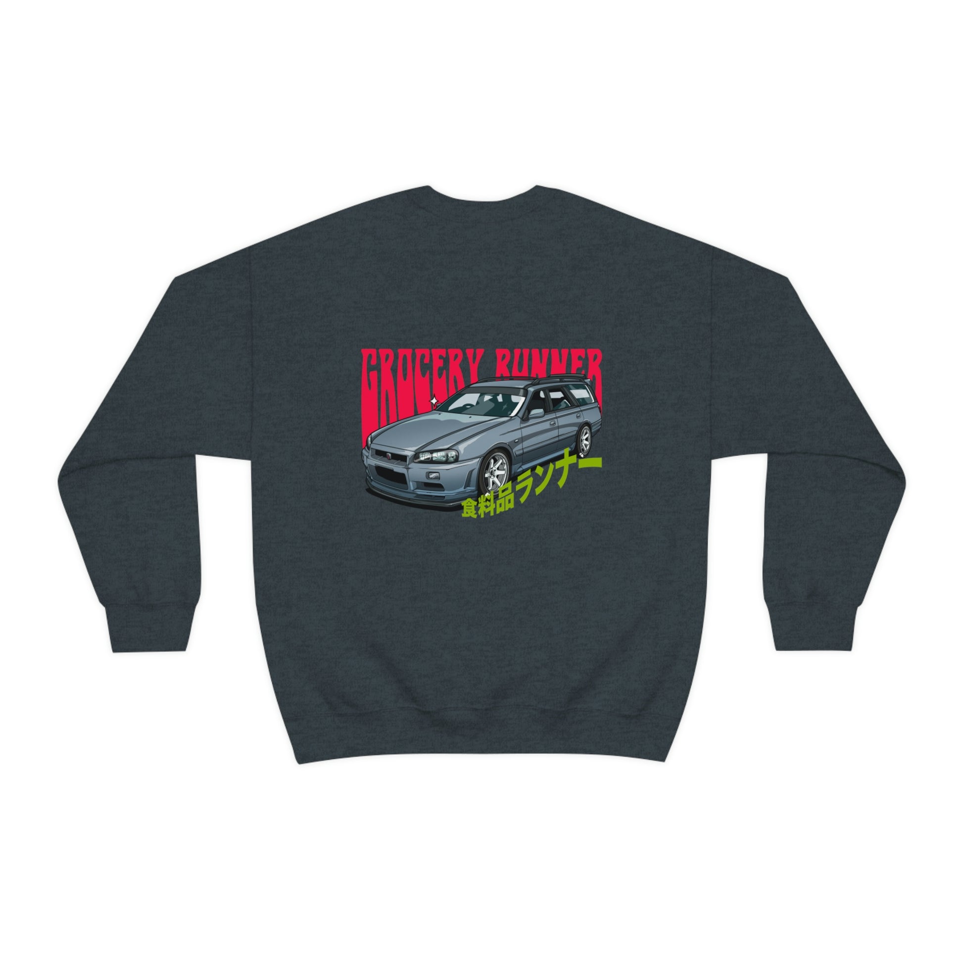 The Family Wagon Sweater in dark gray featuring a detailed graphic of a silver station wagon with bold red and yellow Japanese-inspired text, capturing JDM streetwear style.