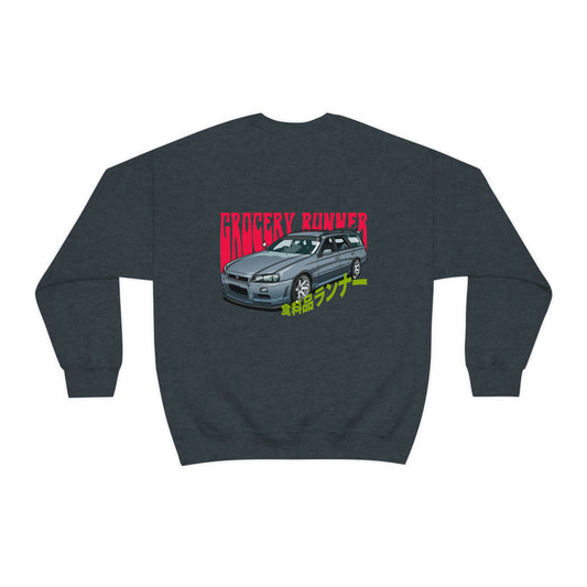 The Family Wagon Sweater in dark gray featuring a detailed graphic of a silver station wagon with bold red and yellow Japanese-inspired text, capturing JDM streetwear style.
