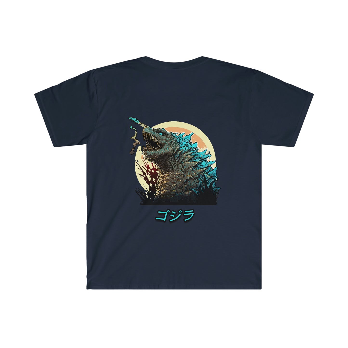 Black Godzilla Fury T-Shirt featuring a detailed graphic of Godzilla roaring with blue spikes and a sunset background, with Japanese text below the image.