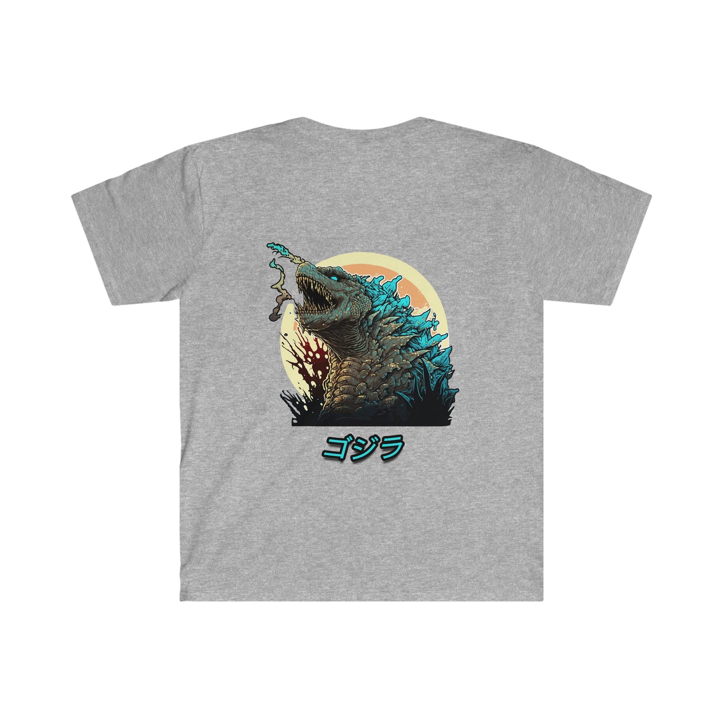 Gray Godzilla Fury T-Shirt featuring a detailed graphic of Godzilla roaring in front of a stylized sun with Japanese text below the image.