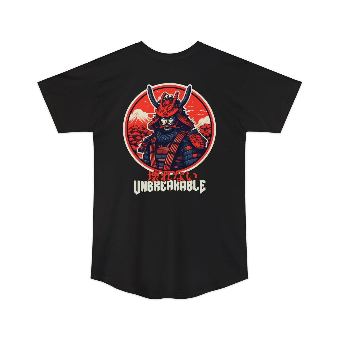 Black Unbreakable Spirit oversized T-Shirt featuring a bold vintage samurai graphic in red and cream tones with Japanese characters above the word Unbreakable.