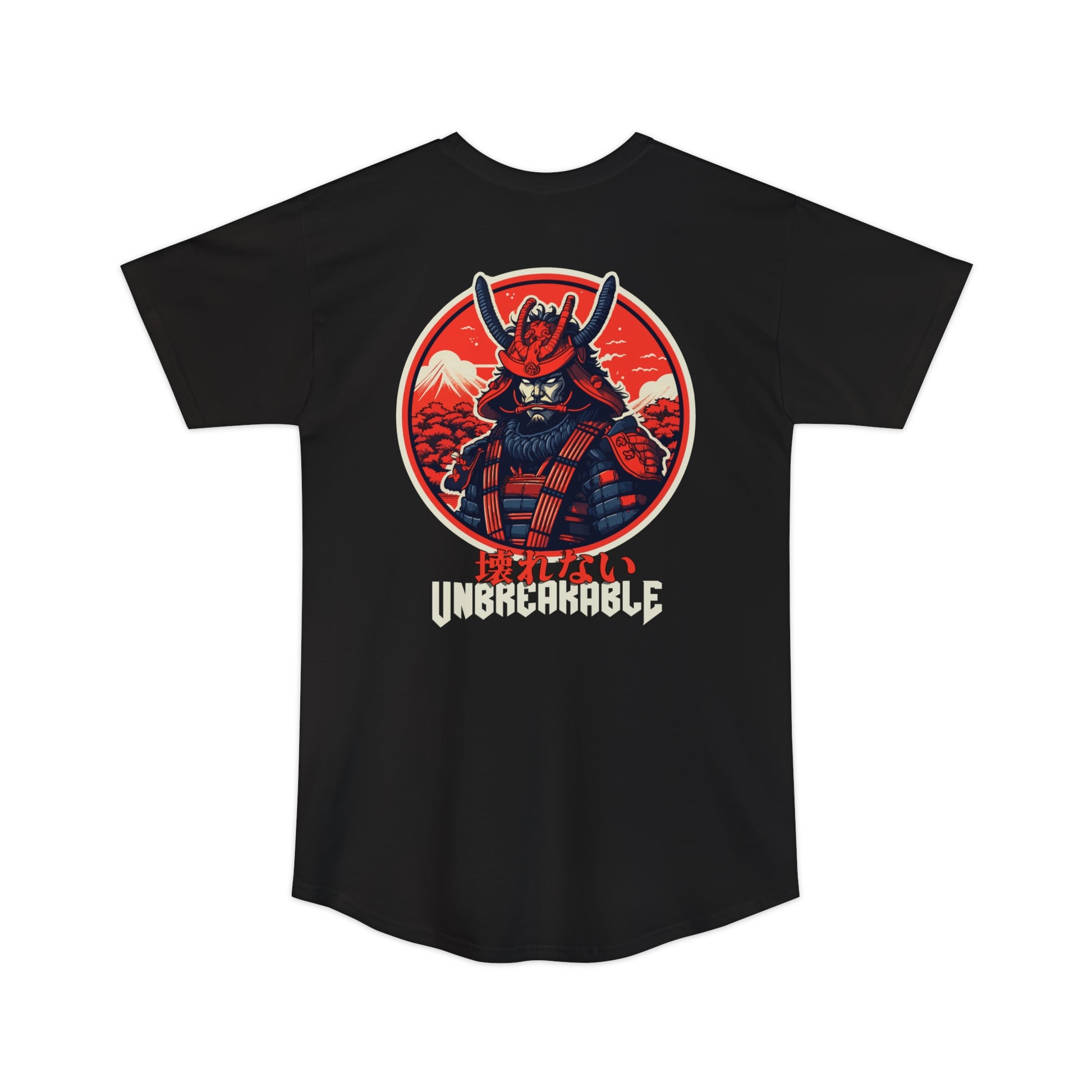 Black Unbreakable Spirit oversized T-Shirt featuring a bold vintage samurai graphic in red and cream tones with Japanese characters above the word Unbreakable.