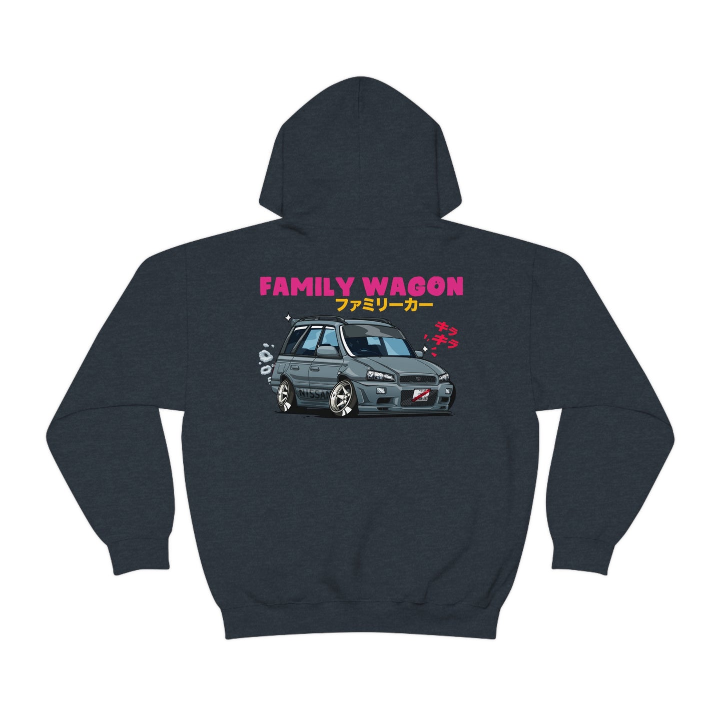 Back view of a dark hoodie featuring a colorful graphic of a modified family wagon car with stylized Japanese text and the words "FAMILY WAGON" in bold font, promoting the Wagon Chibi Hoodie.