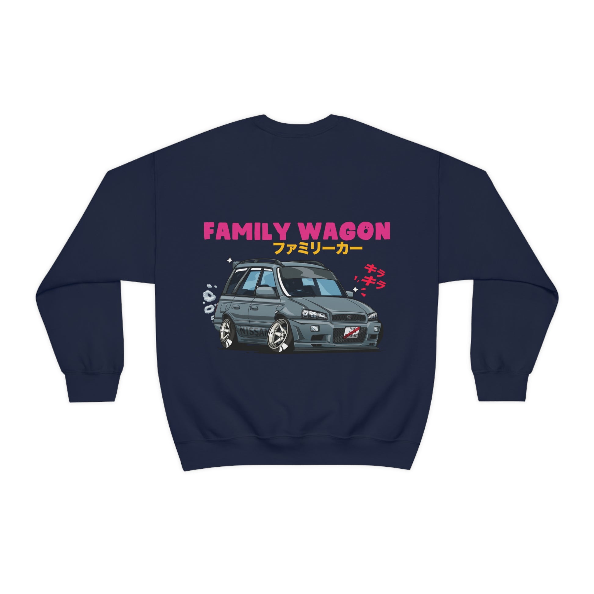 Navy blue Wagon Chibi Sweater featuring a graphic of a stylized sporty wagon car with the text "Family Wagon" in bold pink and Japanese characters, capturing Japanese tuner culture vibes.