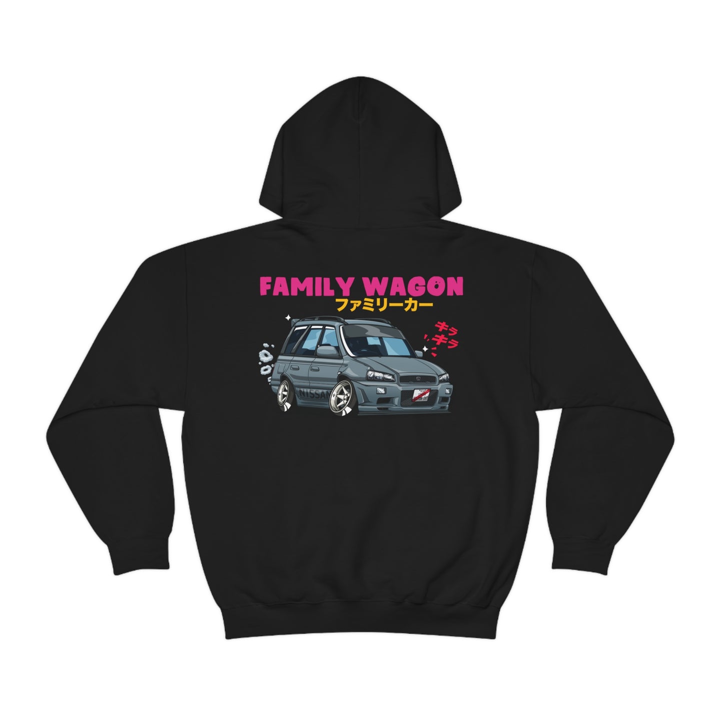 Black Wagon Chibi Hoodie featuring a stylized graphic of a Japanese family wagon car with vintage racing details and Japanese text, embodying late-night Japanese car culture.