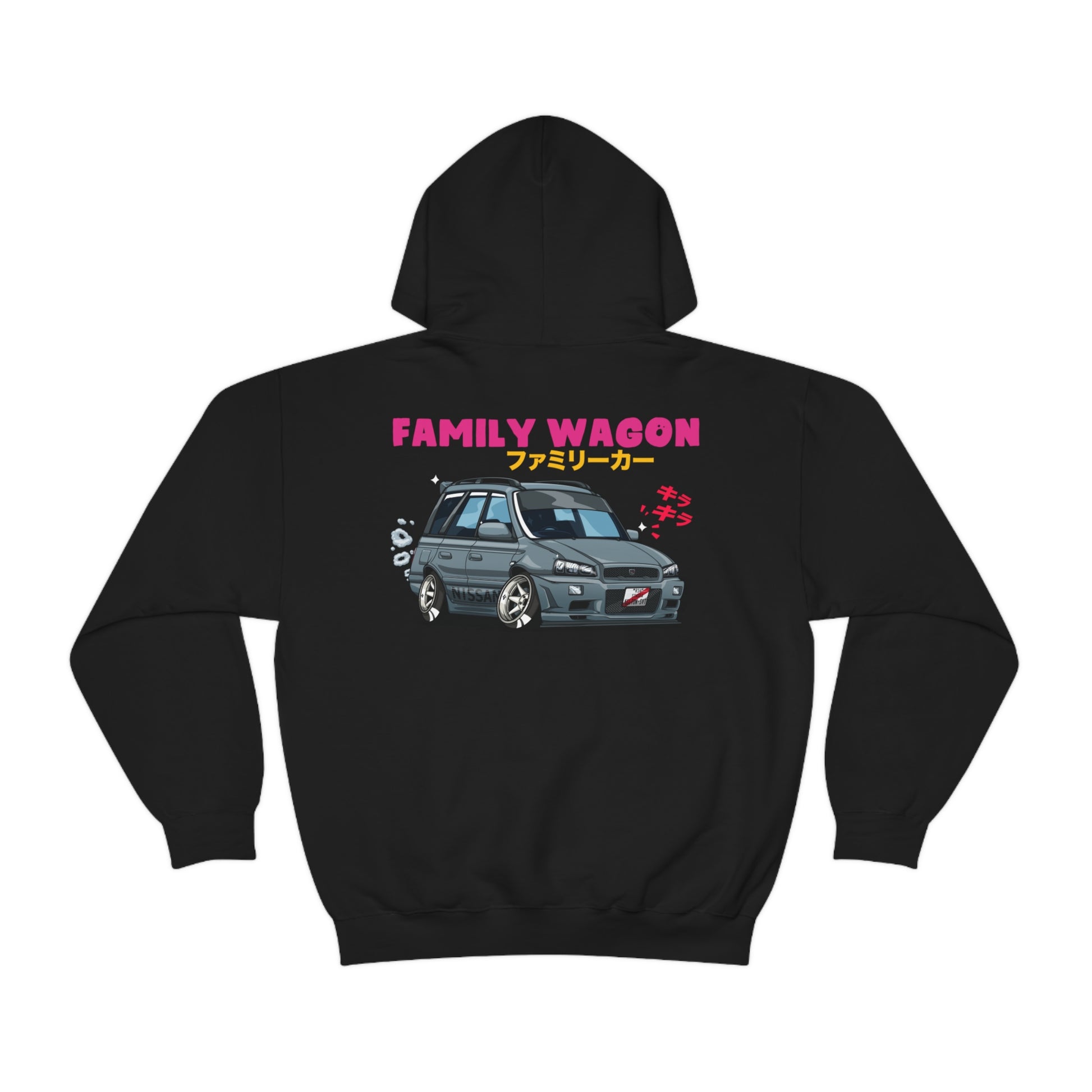 Black Wagon Chibi Hoodie featuring a stylized graphic of a Japanese family wagon car with vintage racing details and Japanese text, embodying late-night Japanese car culture.
