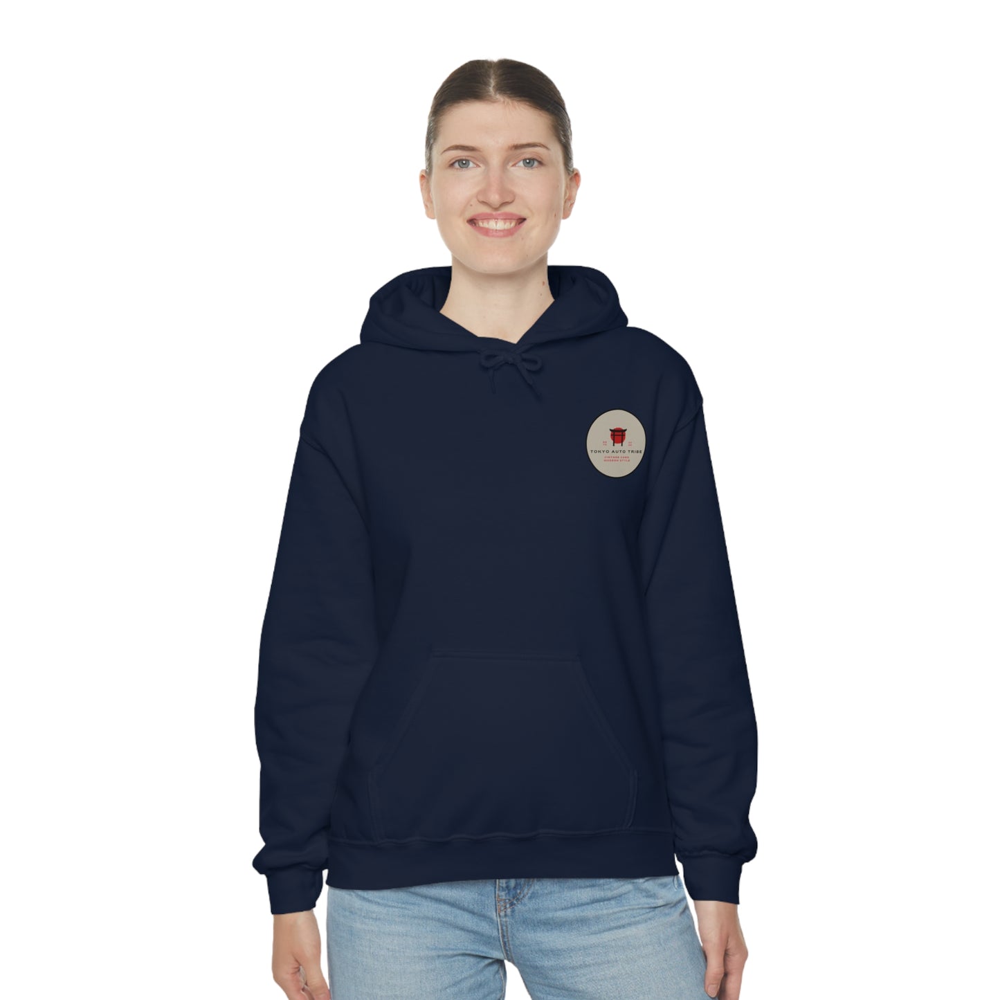 Woman wearing a navy blue Wagon Chibi Hoodie featuring a small graphic emblem on the chest, styled for fans of Japanese tuner culture and late-night drives.