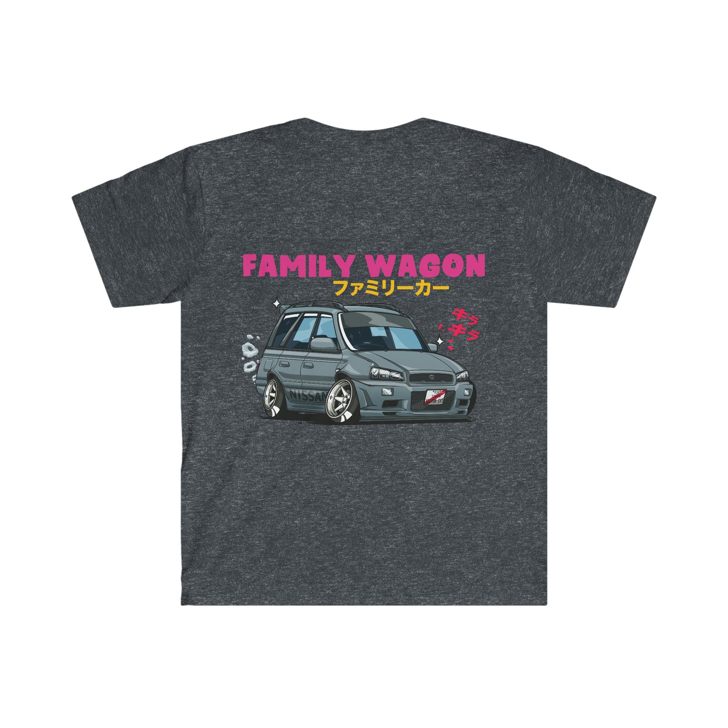 Dark gray Family Wagon Cartoon T-Shirt featuring a stylized cartoon family wagon car graphic with Japanese text, blending JDM streetwear and tuner car culture themes.