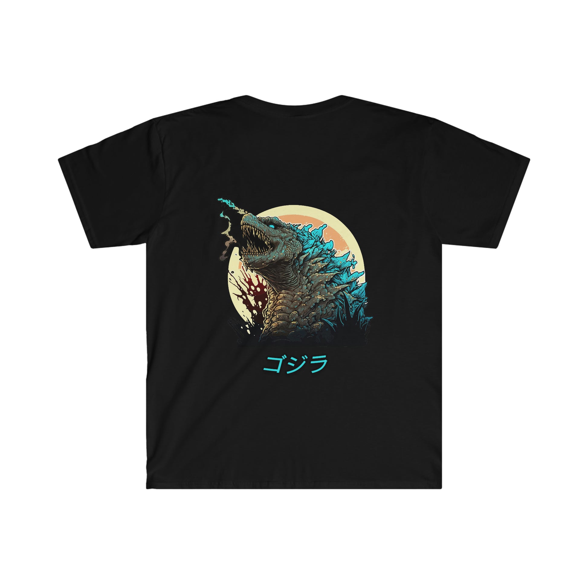 Black Godzilla Fury T-Shirt featuring detailed graphic of roaring blue Godzilla with Japanese characters beneath, set against a circular sunset background.