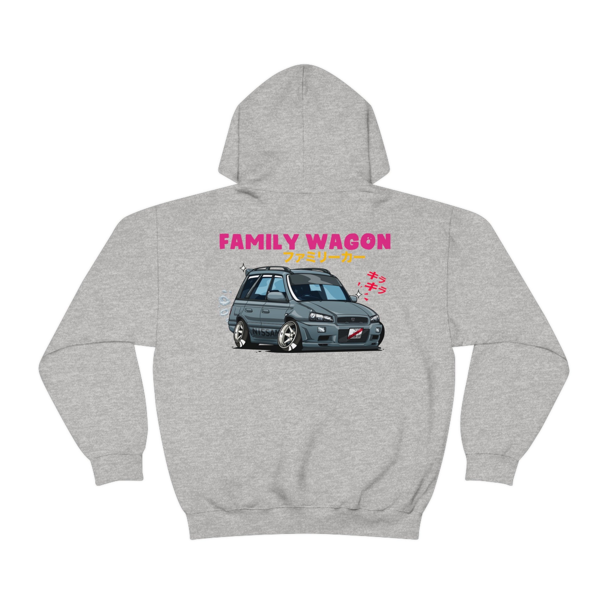 Gray Wagon Chibi Hoodie featuring a stylized graphic of a lowered Japanese family wagon car with "FAMILY WAGON" text, blending JDM streetwear and tuner culture style.