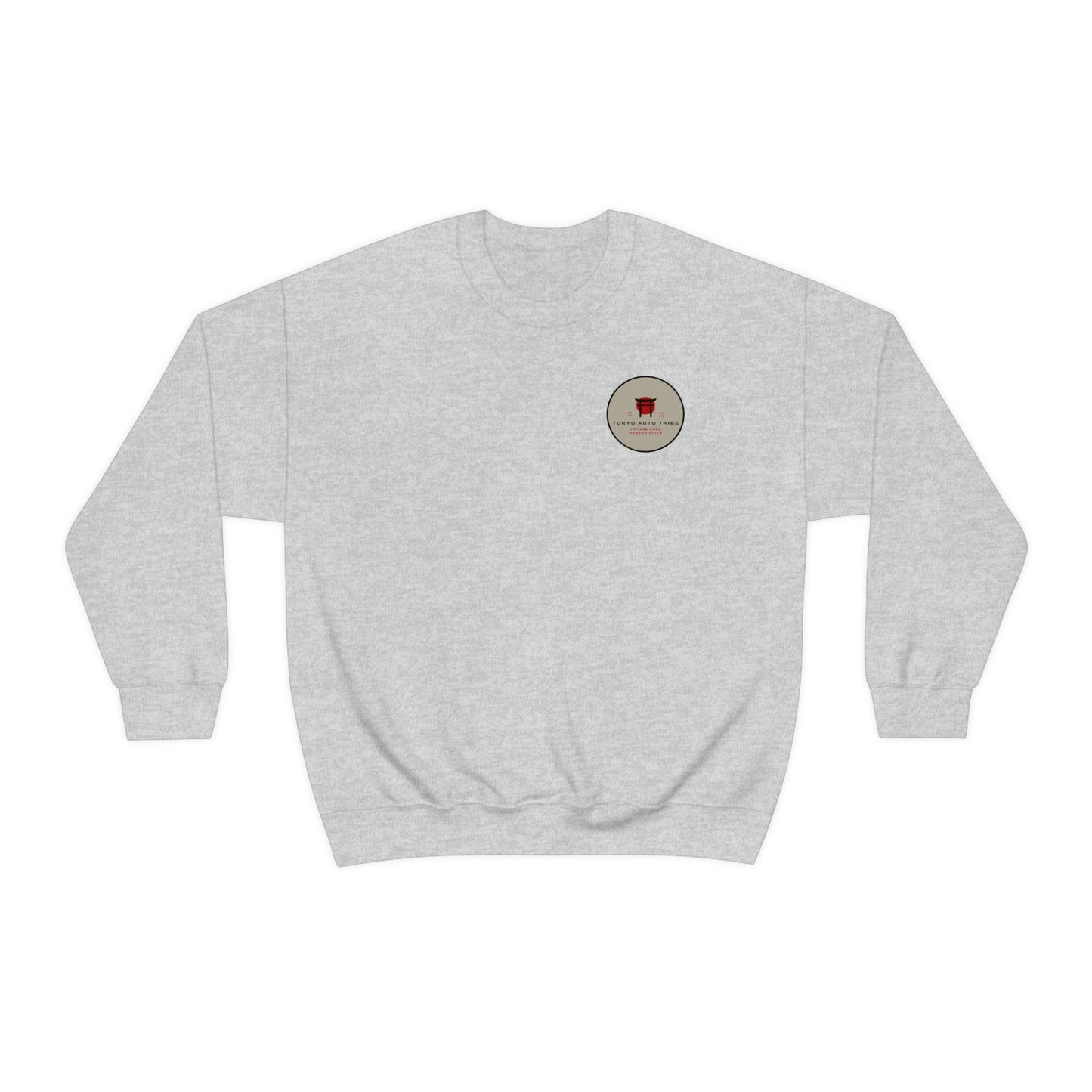 Light gray sweatshirt featuring a small circular logo with a red icon and text, designed for fans of Japanese car culture in The Family Wagon Sweater style.