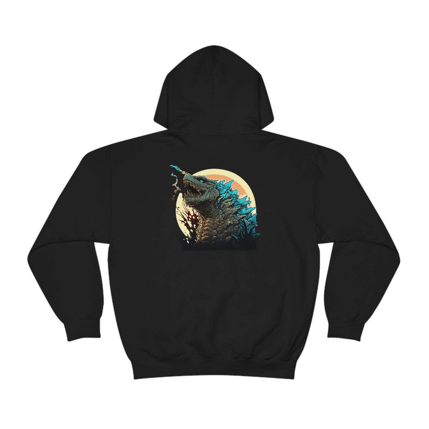 Black Godzilla's Fury Hoodie featuring a detailed graphic of Godzilla with blue dorsal fins against a circular sunset background on the back, perfect for fans of Japanese monster culture.