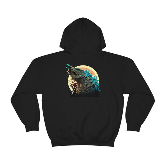 Black Godzilla's Fury Hoodie featuring a detailed graphic of Godzilla with blue dorsal fins against a circular sunset background on the back, perfect for fans of Japanese monster culture.