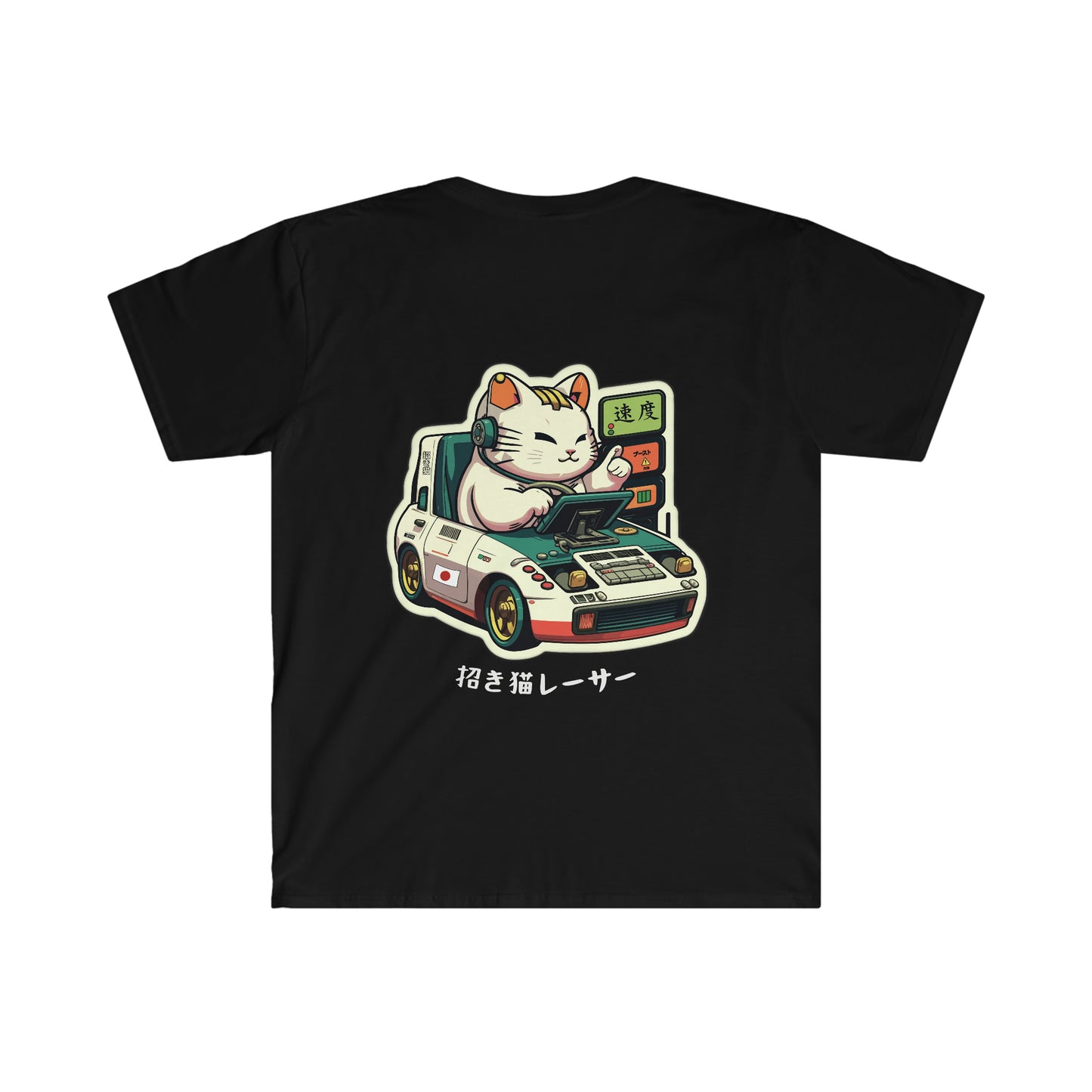 Black Lucky Cat Racer's T-Shirt featuring a graphic of a white lucky cat driving a vintage Japanese race car with Japanese text and racing motifs, inspired by JDM culture.