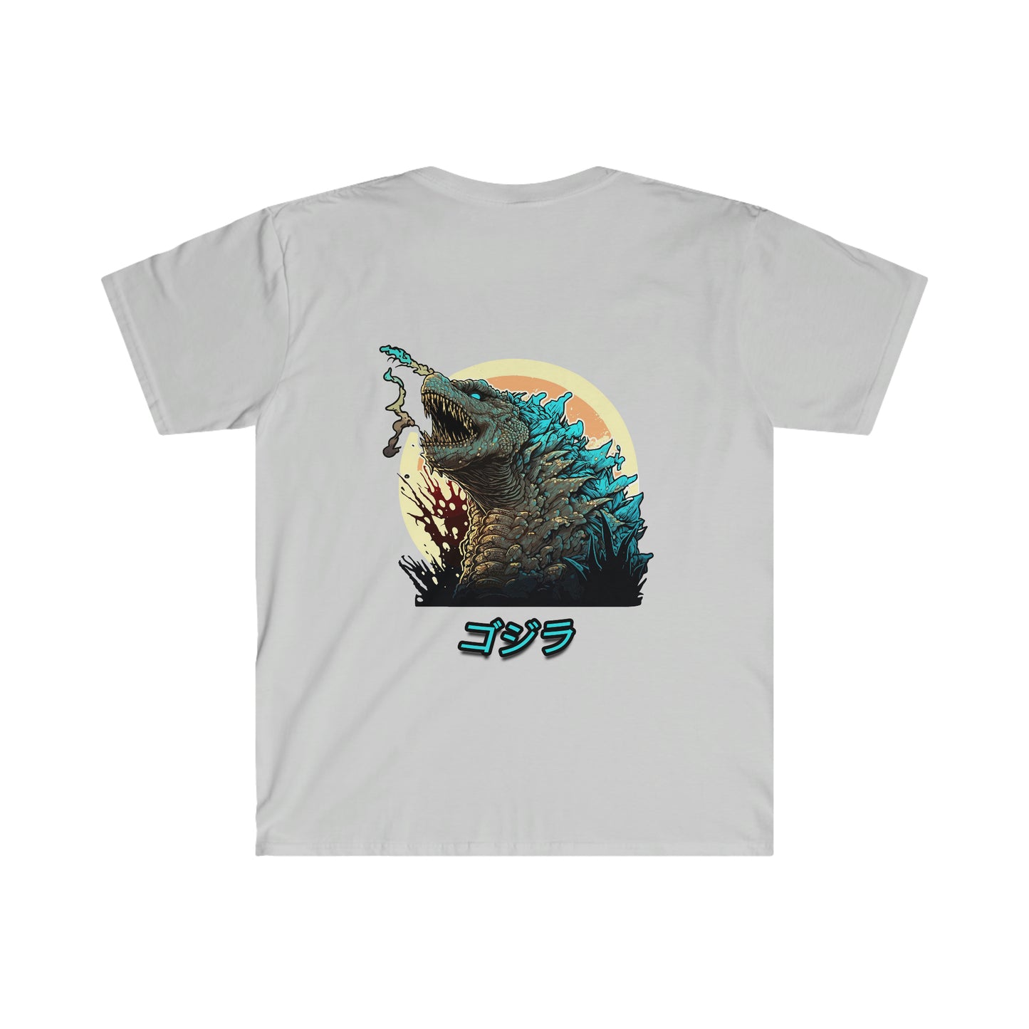 Godzilla Fury T-Shirt featuring a graphic illustration of Godzilla with blue dorsal fins against a sunset background, with Japanese text beneath the monster.