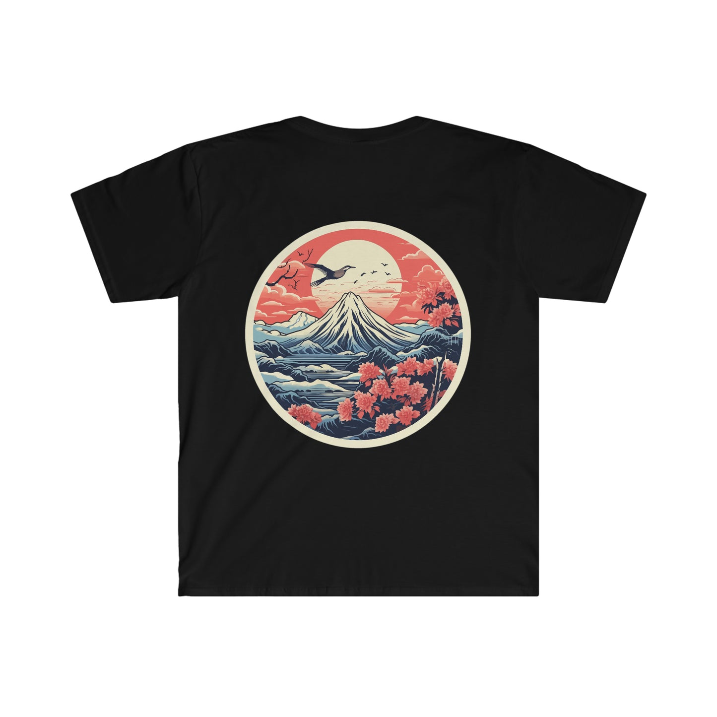 Black Mount Fuji Serenity T-Shirt featuring a vintage-style circular graphic of Mount Fuji with pink cherry blossoms, birds, and red sky, capturing Japanese car culture vibes.