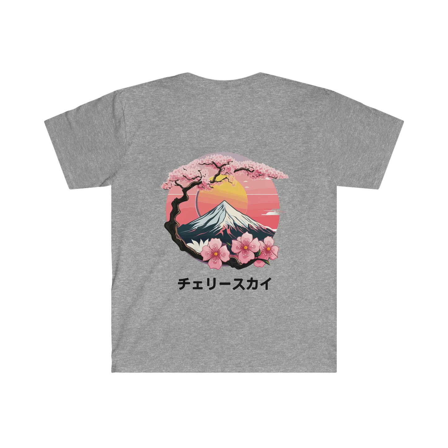 Grey Cherry Skies T-Shirt featuring a graphic of a snow-capped mountain with pink cherry blossoms and a red and yellow sunset sky, blending Japanese-inspired car culture art.