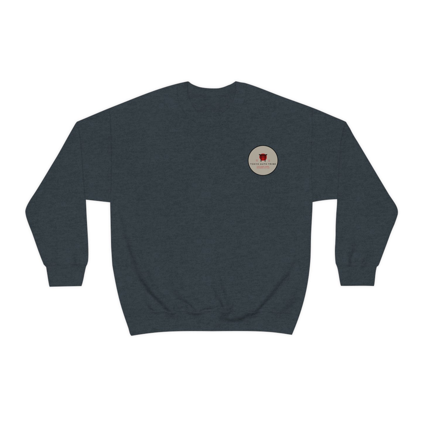 Dark gray sweatshirt with a small circular graphic on the chest featuring red and beige tones, designed for car enthusiasts with the Wagon Chibi Sweater branding.