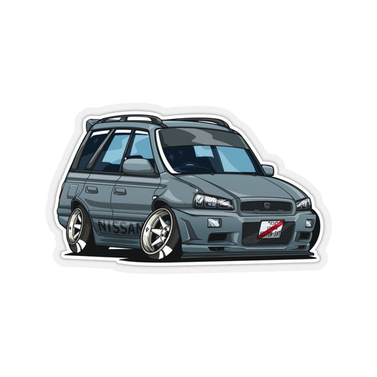 Illustration of a lowered, custom-tuned Nissan wagon with wide wheels and aggressive stance, capturing Japanese tuner culture in the Wagon Wonder Sticker.