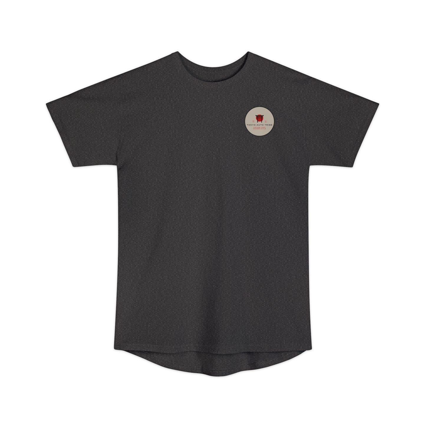 Unbreakable Spirit oversized T-Shirt in dark charcoal with a small vintage-inspired red and beige graphic emblem on the chest, designed for fans of Japanese car culture and late-night drives.