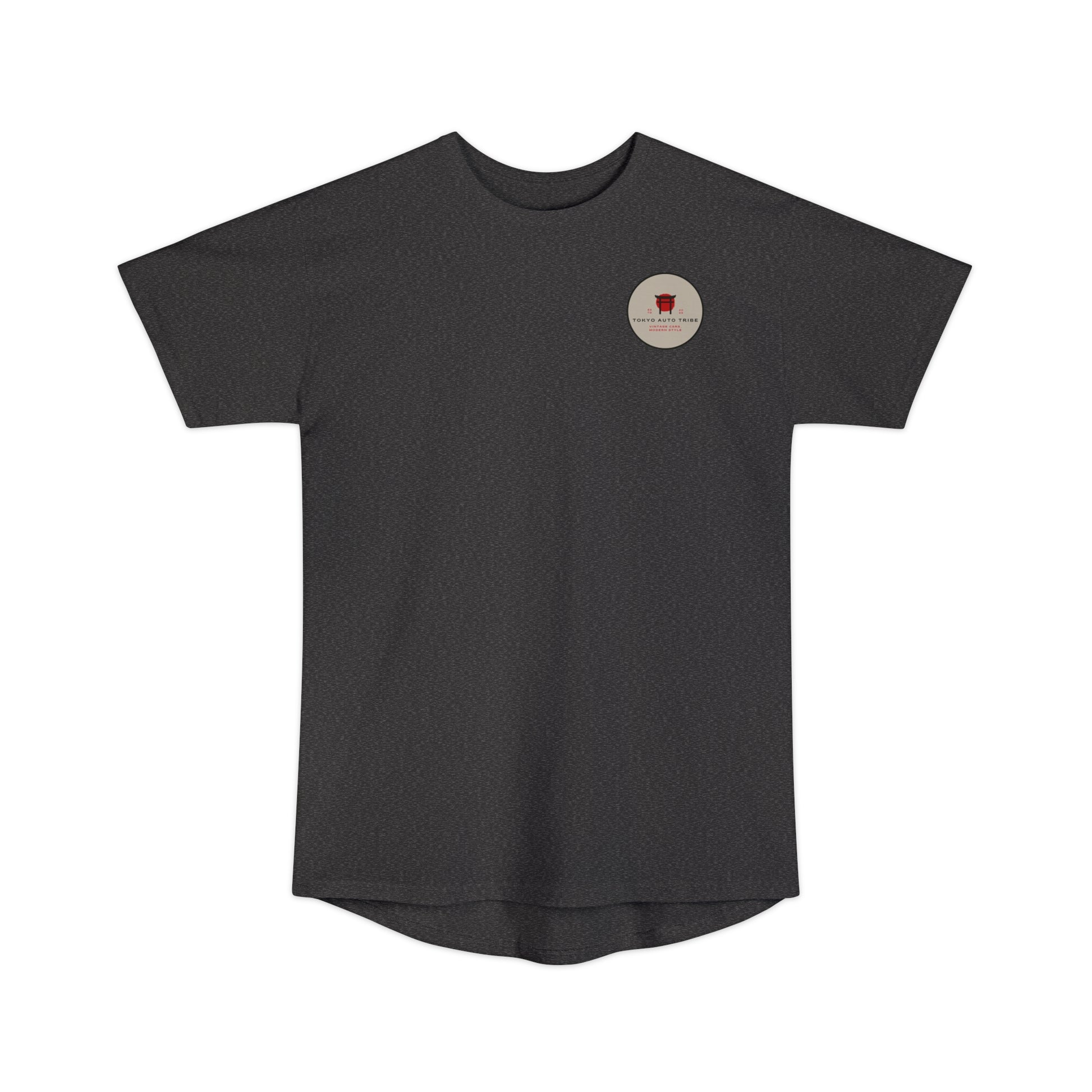 Unbreakable Spirit oversized T-Shirt in dark charcoal with a small vintage-inspired red and beige graphic emblem on the chest, designed for fans of Japanese car culture and late-night drives.