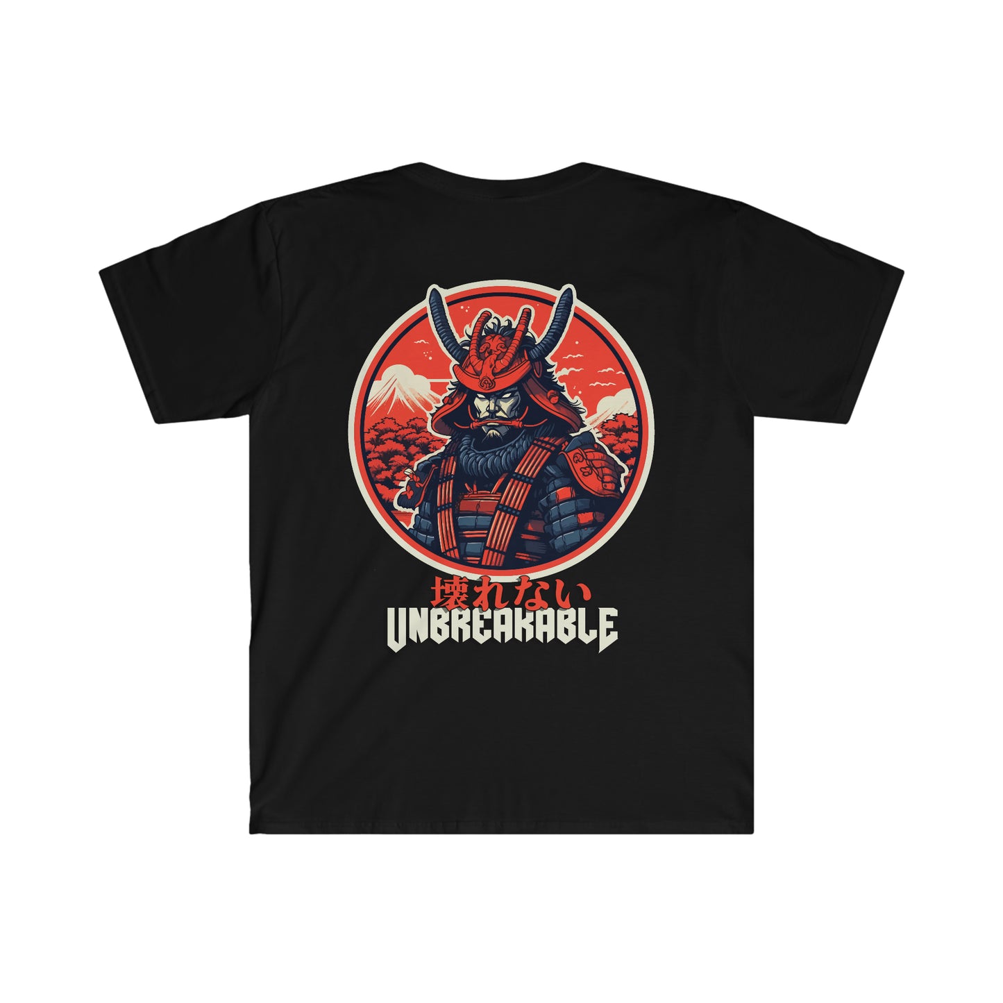 Black Unbreakable Spirit T-Shirt featuring a bold graphic of a samurai warrior in traditional armor with a red and white Mount Fuji landscape background, embodying Japanese car culture and spirit.