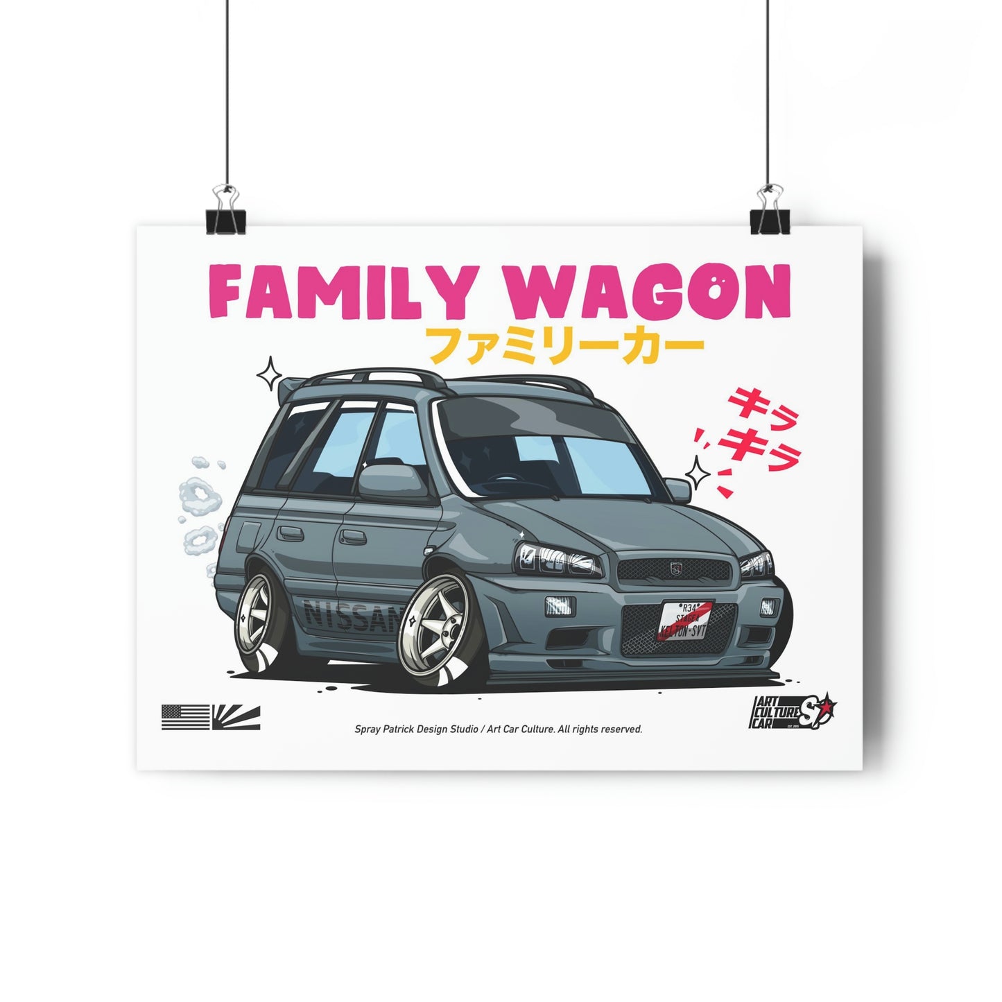 Illustration of a customized dark gray family wagon car with lowered suspension and wide wheels surrounded by Japanese text and bold pink lettering, Wagon Wonder Poster capturing the spirit of Japanese car culture and late-night drives.