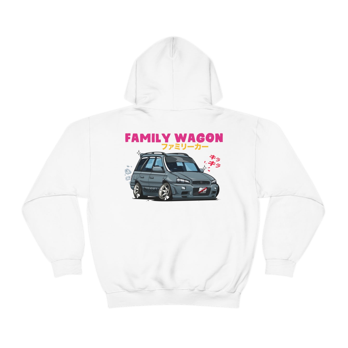White Wagon Chibi Hoodie featuring a graphic of a stylized gray family wagon car with Japanese text, capturing the spirit of Japanese car culture, late-night drives, and tuner scene.