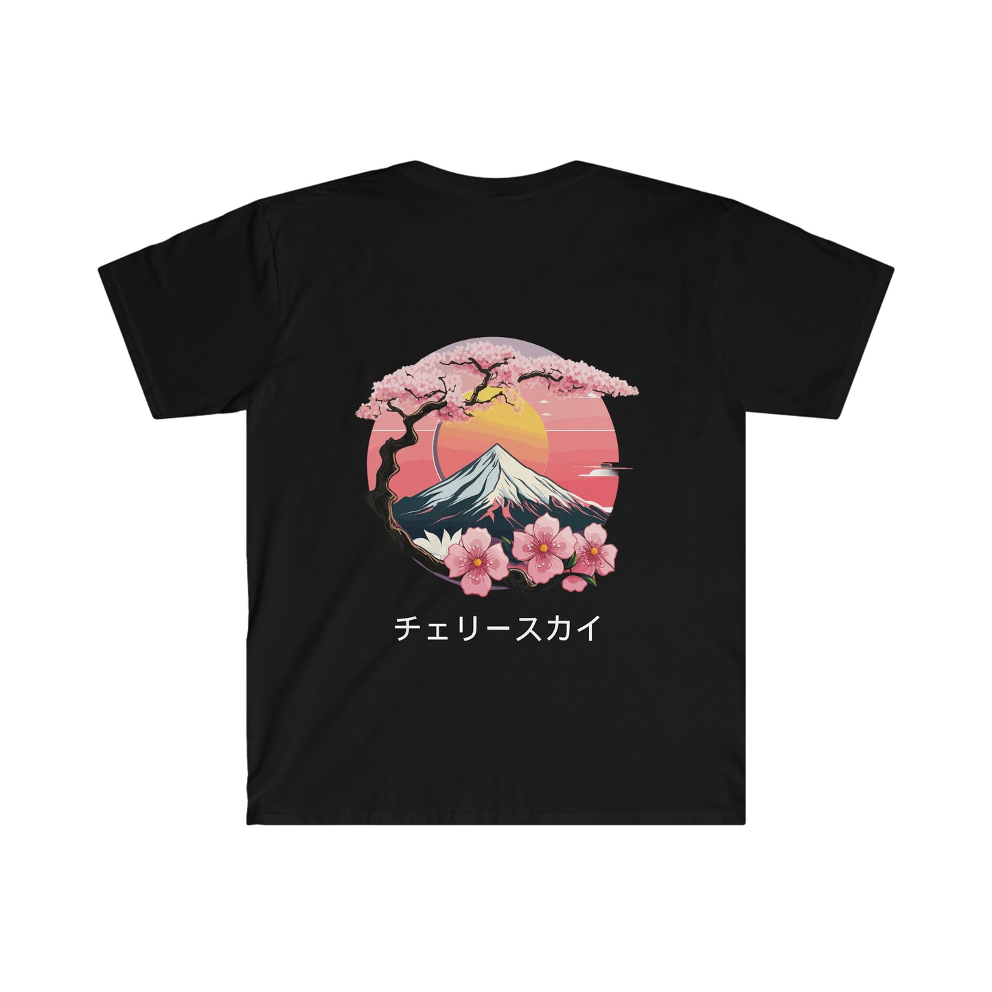 Black Cherry Skies T-Shirt featuring a graphic of a snowy mountain, pink cherry blossoms, and a sunset with Japanese text beneath the design, inspired by Japanese car culture.