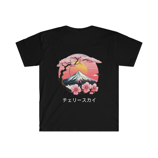 Black Cherry Skies T-Shirt featuring a graphic of a snowy mountain, pink cherry blossoms, and a sunset with Japanese text beneath the design, inspired by Japanese car culture.