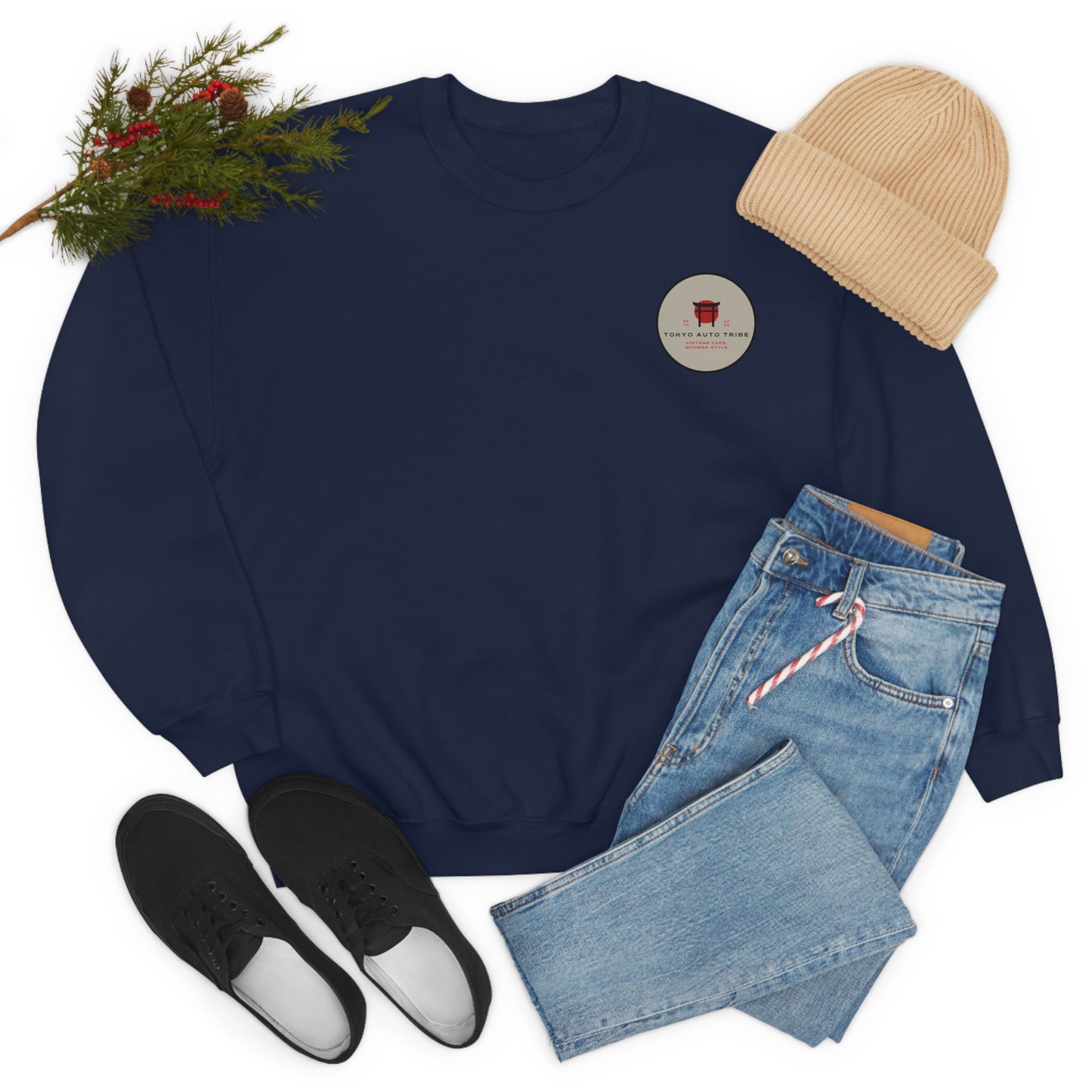 Wagon Chibi Sweater in navy blue displayed with light blue jeans, black sneakers, beige knit beanie, and festive greenery, embodying Japanese car culture and late-night drive vibes.