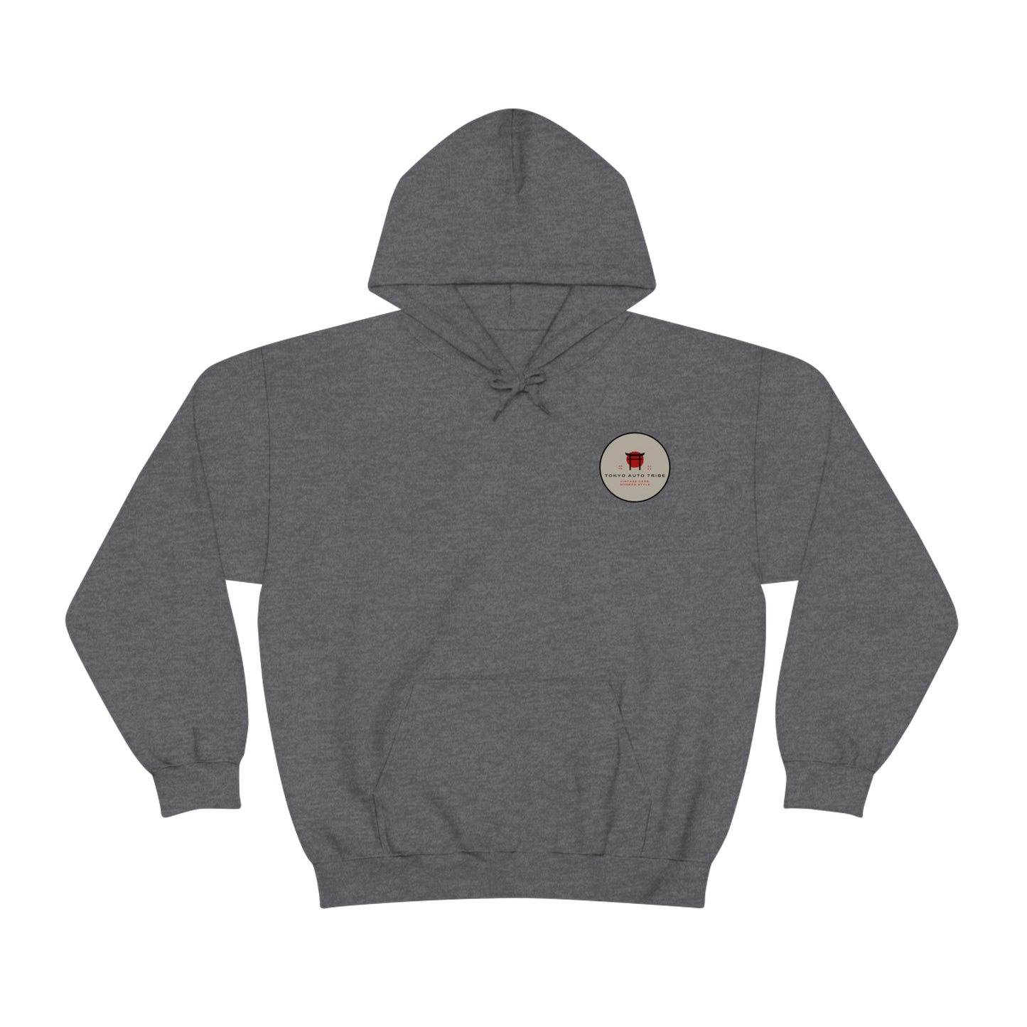 Dark gray pullover hoodie featuring a small vintage-inspired graphic on the chest, styled for fans of late-night drives and Japanese car culture in the Wagon Chibi Hoodie.