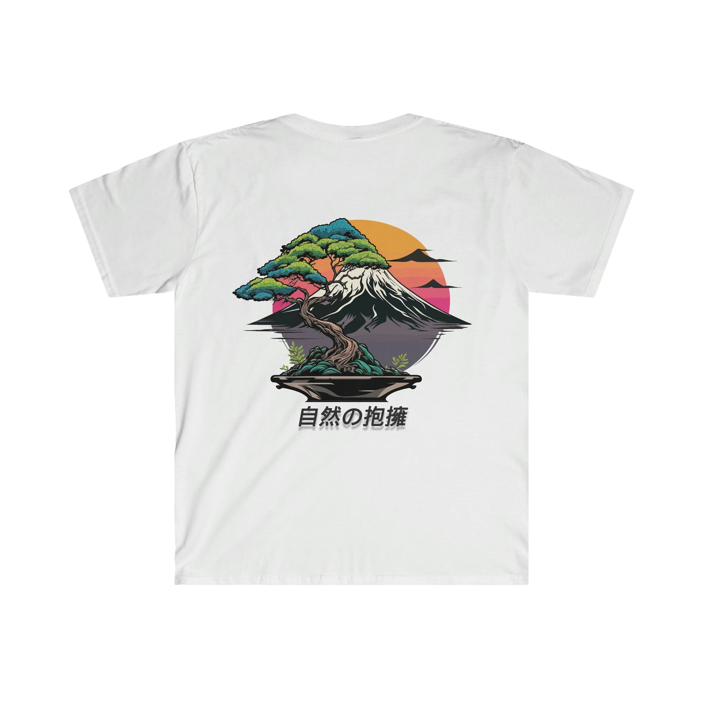 White Nature's Embrace T-Shirt featuring a colorful bonsai tree in front of a stylized mountain with a sunset background and Japanese characters beneath the design.