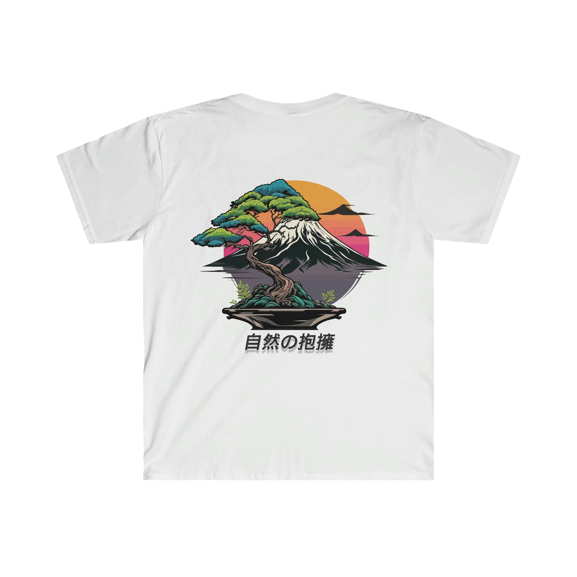 White Nature's Embrace T-Shirt featuring a colorful bonsai tree in front of a stylized mountain with a sunset background and Japanese characters beneath the design.